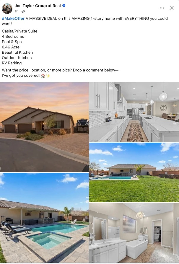 The Facebook ad on the Joe Taylor Group page: a twilight photo of a one-story home, a short feature list, and an invitation to comment for the price, location or more pictures